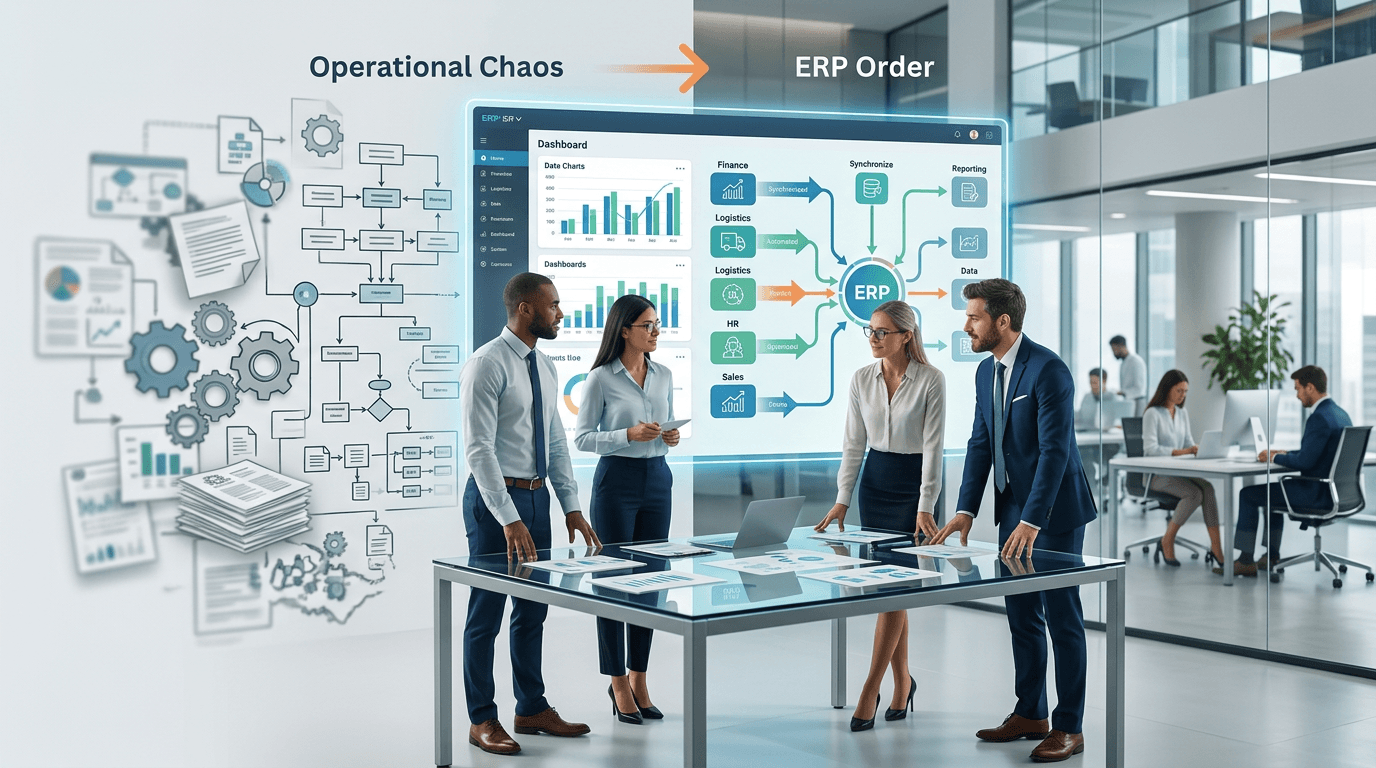 Dashboard de un sistema ERP moderno optimizando flujos de trabajo empresariales